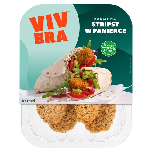 Roślinne stripsy w panierce Vivera, 4 sztuki, w plastikowym opakowaniu z zielono-białą etykietą i grafiką wrapów.