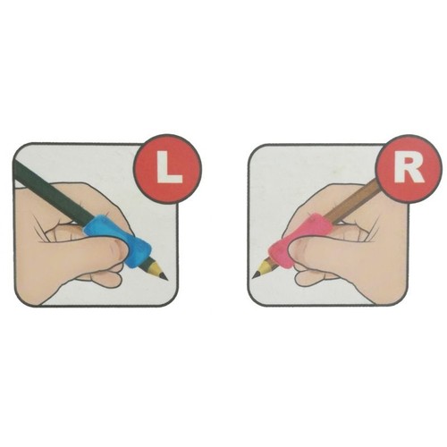 Dwie grafiki instruktażowe demonstrujące użycie nakładek korygujących chwyt ołówka. Lewa grafika pokazuje lewą rękę z niebieską nakładką. Prawa grafika przedstawia prawą rękę z różową nakładką. Pomaga to w nauce pisania.