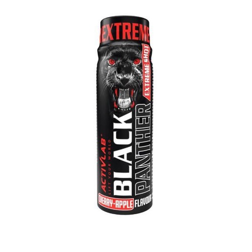 Czarna butelka Activlab Black Panther Extreme Shot o smaku wiśniowo-jabłkowym. Na etykiecie widnieje grafika głowy czarnej pantery z otwartą paszczą i czerwonymi oczami. Widoczne napisy "Extreme Shot" i "Lift Your World".