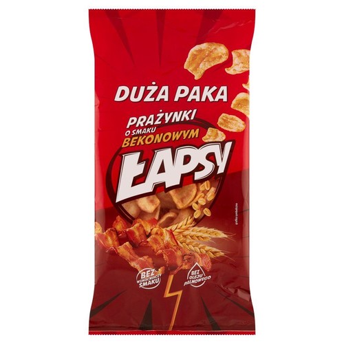 Prażynki Łapsy, duża paka, smak bekonowy. Opakowanie czerwone, z grafiką produktu i składników.