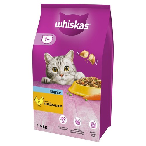 Worek karmy Whiskas Sterile dla kotów 1+ o smaku kurczaka, 1.4 kg. Widoczny kot i miska z jedzeniem.