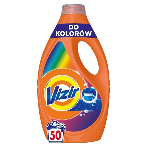 Płyn do prania Vizir do kolorów w pomarańczowej butelce z uchwytem. Na etykiecie logo Vizir i informacja o 50 praniach.