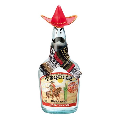 Butelka Tequili Blanco Panchitos z czerwoną sombrerem, wąsami i kolorowym szalikiem. Etykieta z jeźdźcem i kaktusem. 700ml, 35% obj.
