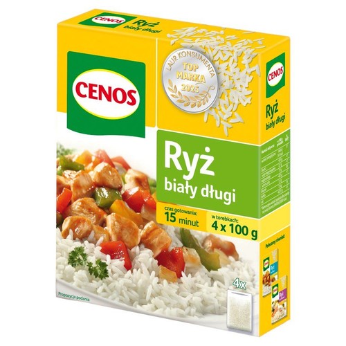 Opakowanie ryżu białego długiego CENOS, 4 torebki po 100 g. Na pudełku grafika dania z ryżem, kurczakiem i warzywami.