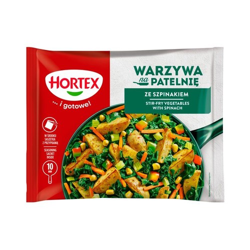 Produkt Hortex: Warzywa na patelnię ze szpinakiem. Na etykiecie grafika smażonych warzyw. Zawiera saszetkę z przyprawą.