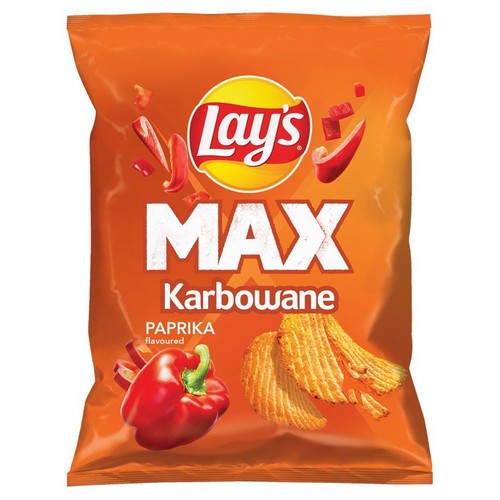 Chipsy Lay's MAX Karbowane Papryka w pomarańczowym opakowaniu. Na grafice papryka i chipsy.