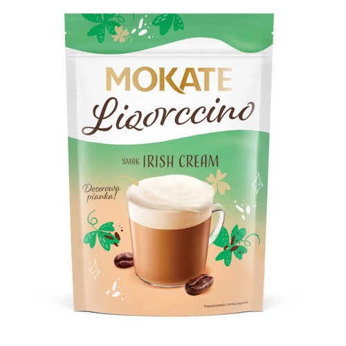 Opakowanie kawy rozpuszczalnej Mokate Lizorccino Irish Cream. Widoczna grafika filiżanki z napojem i zielonymi listkami.