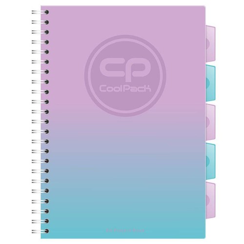Zeszyt CoolPack na spirali z okładką w gradiencie od fioletu do błękitu. Posiada boczne przekładki w różnych kolorach ułatwiające organizację notatek. Na okładce widoczne logo CP.
