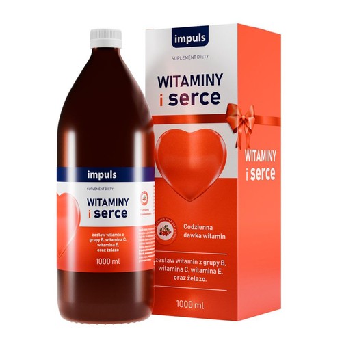 Butelka i kartonowe opakowanie suplementu diety Impuls Witaminy i serce. Produkt o pojemności 1000 ml, zawierający zestaw witamin z grupy B, witaminę C, witaminę E oraz żelazo. Opakowanie ma grafikę czerwonego serca.