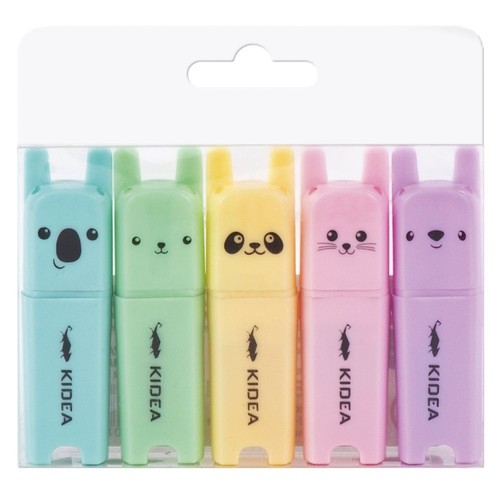 Zestaw pięciu pastelowych zakreślaczy KIDEA z uszami i buźkami zwierząt: koala, miś, panda, kotek, królik. W przezroczystym opakowaniu.