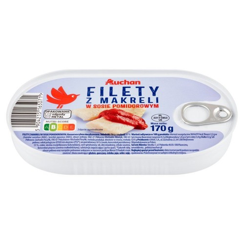 Puszka Auchan Filety z makreli w sosie pomidorowym, masa netto 170g. Na etykiecie grafika filetów.