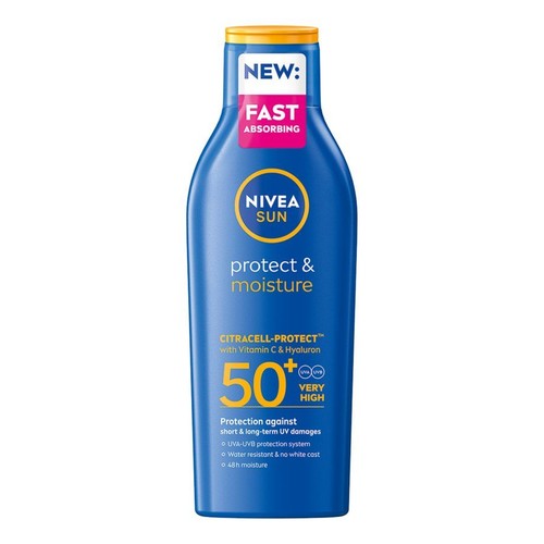 Butelka balsamu do opalania Nivea Sun SPF50+ Protect & Moisture, 200 ml. Niebieska, z pomarańczową nakrętką, nowa formuła.