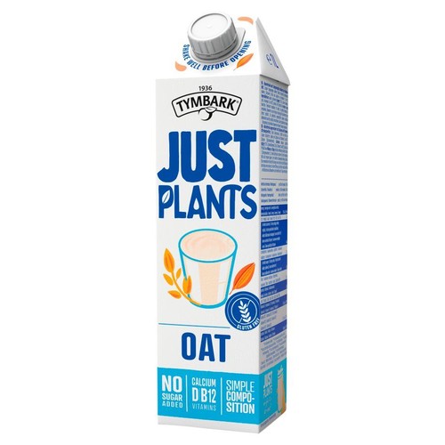 Biały karton napoju owsianego Tymbark Just Plants. Na etykiecie nazwa produktu, grafika szklanki z napojem i liści owsa. Wyróżnione cechy: bez dodatku cukru, wapń, witaminy D i B12, prosty skład, bezglutenowy.