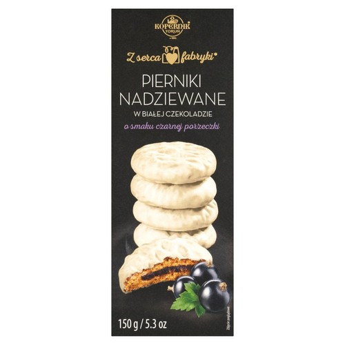 Pierniki nadziewane Kopernik w białej czekoladzie z nadzieniem porzeczkowym, 150g. Na opakowaniu stos ciastek i świeże porzeczki.