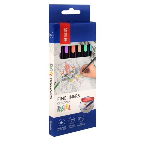 Memo Be Fineliners Pastel, zestaw 6 cienkopisów o grubości linii 0,4 mm i długości pisania ponad 800 m. Posiadają ergonomiczny, trójkątny kształt. Opakowanie przedstawia dłoń kolorującą ilustrację kota.