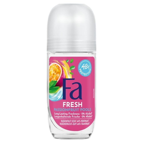 Roll-on Fa Fresh o zapachu marakui, 50 ml. Przezroczysta butelka z białą zakrętką. Różowa etykieta z owocem marakui i zielonymi liśćmi.