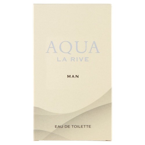 Prostokątne, kremowe pudełko wody toaletowej La Rive Aqua Man dla mężczyzn. Widoczne logo i nazwa.