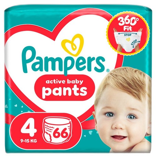 Opakowanie Pampers Pieluchomajtki Aktywne Dziecko, rozmiar 4, 9-15 kg, 66 sztuk. Na opakowaniu uśmiechnięte dziecko.