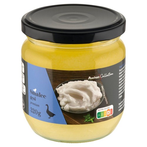 Słoik smalcu gęsiego premium Auchan Collection, 320g. Na etykiecie grafika gęsi i propozycja podania.