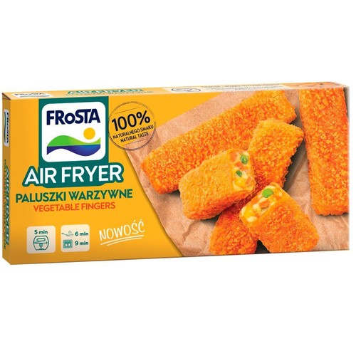Opakowanie Frosta Air Fryer Paluszki Warzywne. Na pudełku grafika panierowanych paluszków warzywnych, niektóre przekrojone.