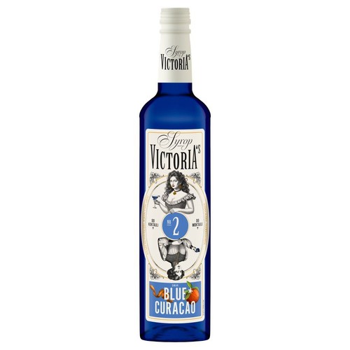 Syrop Victoria's Blue Curacao w niebieskiej butelce. Etykieta z grafiką kobiety i mężczyzny, numerem 2 oraz pomarańczami.