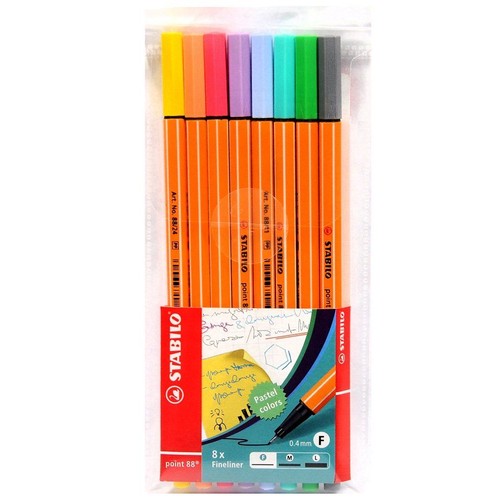 Zestaw 8 cienkopisów STABILO point 88 w pastelowych kolorach, w przezroczystym opakowaniu. Końcówka 0.4 mm.