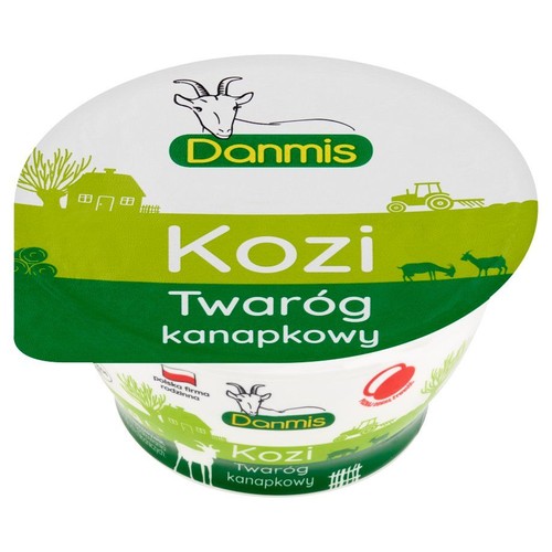 Opakowanie twarogu kanapkowego Danmis Kozi. Biały kubek z zielonym wieczkiem, na którym widnieje nazwa produktu.