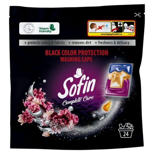 Sofin Complete Care kapsułki do prania, ochrona czarnych kolorów. Opakowanie zawiera 24 sztuki. Przyjazne dla wegan.
