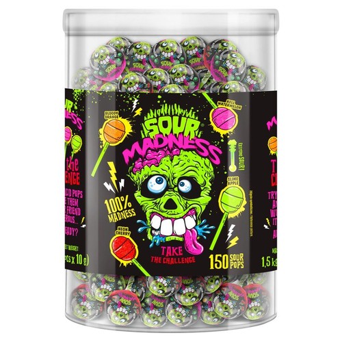 Przezroczysty pojemnik z 150 kwaśnymi lizakami Sour Madness. Na etykiecie grafika zombie i napisy.