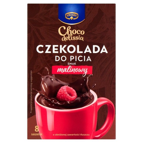 Brązowe opakowanie Kruger Choco delissia Czekolada do picia o smaku malinowym. Na froncie grafika czerwonego kubka z ciemną czekoladą, do której wpada malina, tworząc rozprysk. Produkt zawiera 8 saszetek i ma obniżoną zawartość tłuszczu.