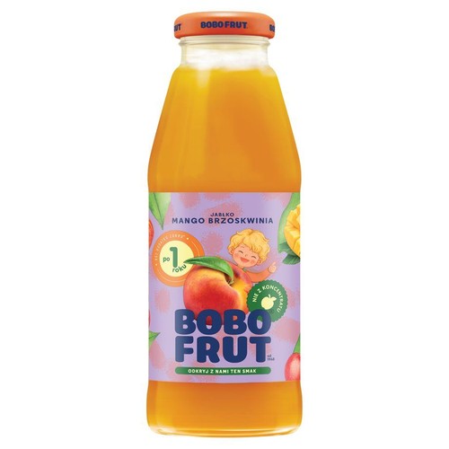 Butelka soku Bobo Frut o smaku jabłka, mango i brzoskwini. Produkt nie z koncentratu, dla dzieci powyżej roku.