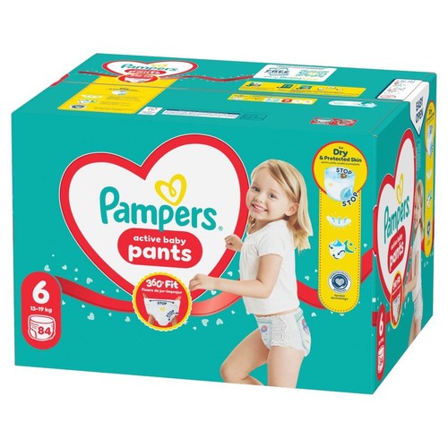 Turkusowe opakowanie pieluchomajtek Pampers, rozmiar 6, 84 sztuki, z uśmiechniętym dzieckiem.