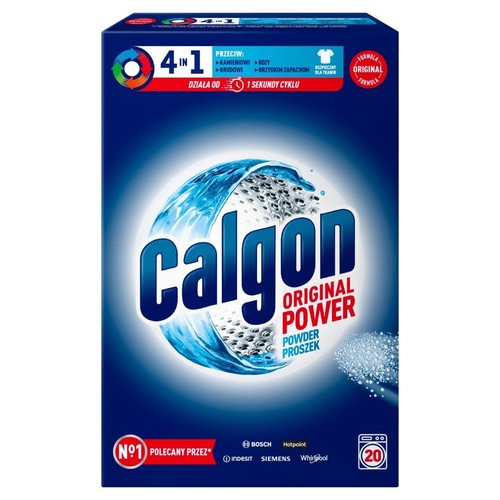 Niebieskie opakowanie Calgon Original Power proszek do prania, 20 dawek. Produkt 4w1 chroni przed kamieniem, brudem, osadami i brzydkimi zapachami. Działa od 1 sekundy cyklu prania. Polecany przez Bosch, Hotpoint, Indesit, Siemens, Whirlpool.