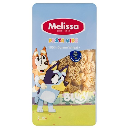 Opakowanie makaronu Melissa Pasta Kids z pszenicy durum. Na opakowaniu grafika Bluey i Bingo, widoczne makarony w kształcie bohaterów.