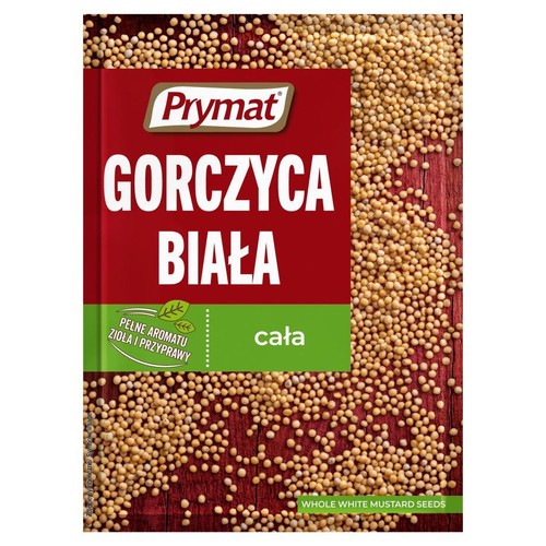 Prymat Gorczyca Biała cała, opakowanie z czerwono-zieloną etykietą. Widoczne ziarna gorczycy.