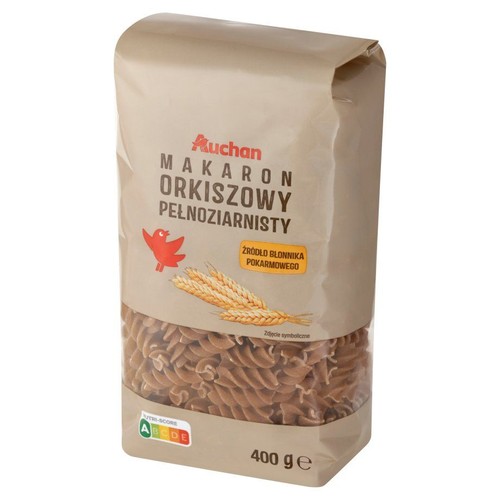 Opakowanie makaronu orkiszowego pełnoziarnistego Auchan, świderki, 400 g. Brązowa torebka z przezroczystym okienkiem.