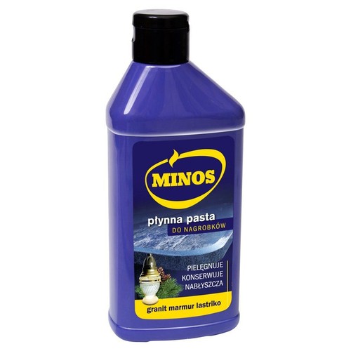 Butelka płynnej pasty Minos do nagrobków. Produkt pielęgnuje, konserwuje i nabłyszcza powierzchnie z kamienia.