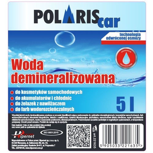 Opakowanie 5 litrów wody demineralizowanej POLARIScar z gwarancją zadowolenia. Produkt do akumulatorów, chłodnic, żelazek, farb wodorozcieńczalnych, a także do gabinetów stomatologicznych i laboratoriów fotograficznych.