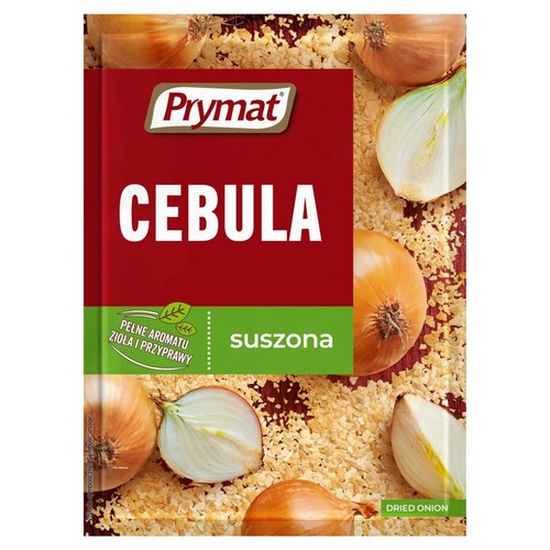Produkt Prymat Cebula Suszona w torebce. Na opakowaniu widoczne całe i pokrojone cebule oraz suszone płatki.