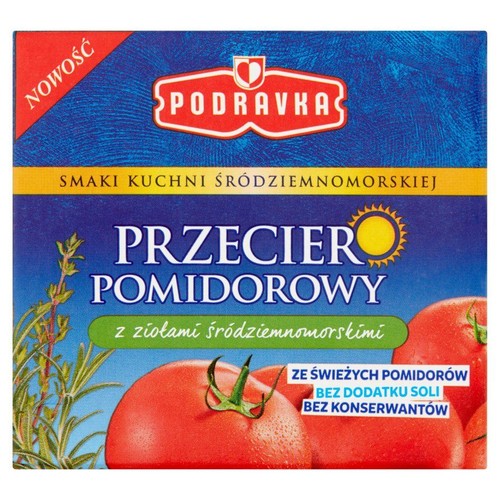 Niebieskie opakowanie przecieru pomidorowego Podravka 500g. Z ziołami śródziemnomorskimi, bez dodatku soli i konserwantów.