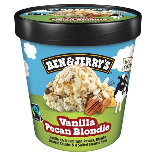 Lody Ben & Jerry's Vanilla Pecan Blondie w kubku. Lody waniliowe z orzechami pekan, kawałkami blondie brownie i sosem słonego karmelu.