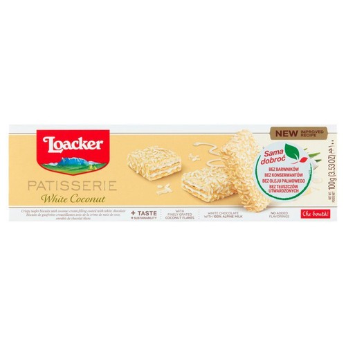 Ciastka waflowe z kremem kokosowym pokryte białą czekoladą Loacker 100 g