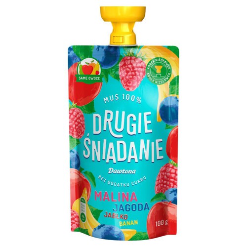 Drugie śniadanie Mus 100% malina jagoda jabłko banan Dawtona 100 g