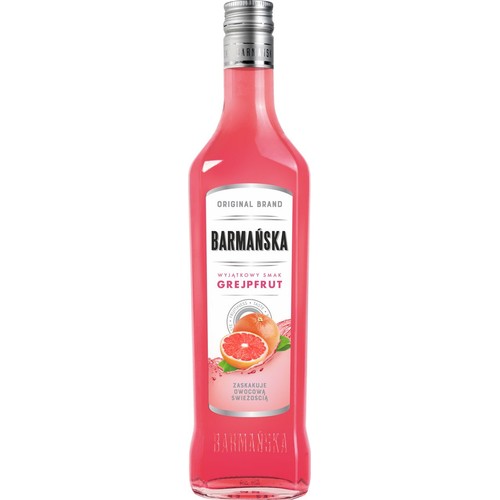 Butelka napoju Barmańska o smaku grejpfrutowym. Na etykiecie grafika przekrojonego grejpfruta i napisy "Original Brand", "Wyjątkowy smak".