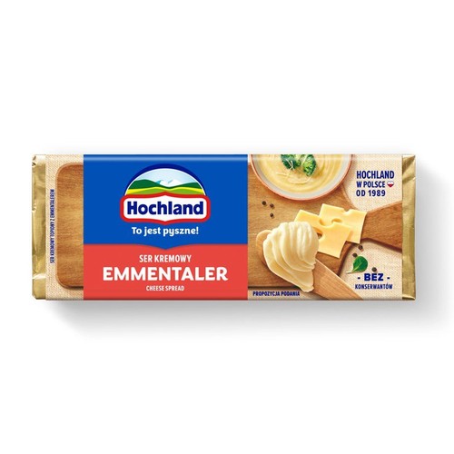 Serek do smarowania Hochland Emmentaler w opakowaniu. Na etykiecie propozycja podania.