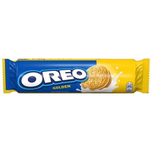 Niebiesko-żółte opakowanie ciastek Oreo Golden, 154 g. Przedstawia złote ciastko z kremowym nadzieniem i rozbryzgi mleka.
