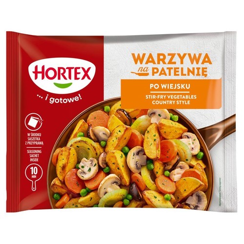 Mrożone warzywa Hortex Po Wiejsku, gotowe w 10 minut. Na opakowaniu grafika warzyw w patelni. Zawiera saszetkę z przyprawą.