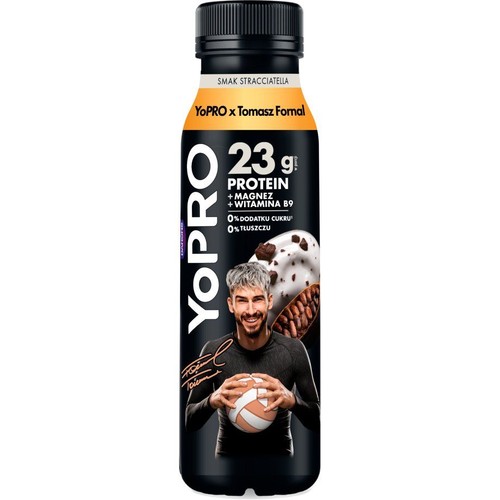 YoPRO x Tomasz Fornal napój proteinowy, smak stracciatella. 23g białka, magnez, witamina B9. Bez cukru i tłuszczu.