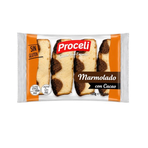 Proceli Marmolado con Cacao, 120g. Cztery kawałki ciasta marmurkowego z kakao w przezroczystym opakowaniu z pomarańczowymi akcentami. Produkt jest bez glutenu, pszenicy i laktozy.