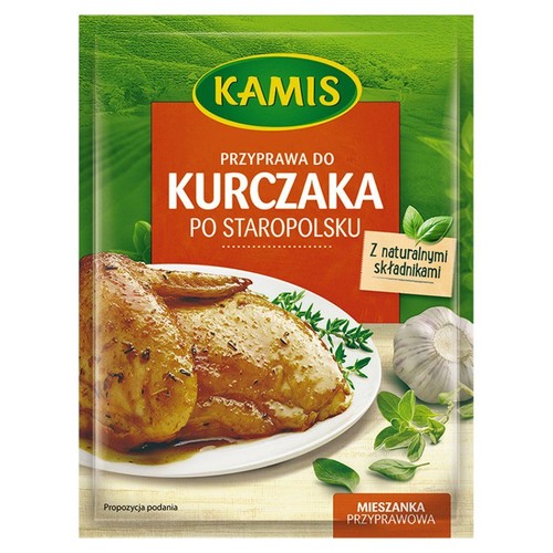 Kamis Przyprawa do Kurczaka po Staropolsku w zielono-pomarańczowej torebce. Na opakowaniu pieczony kurczak, czosnek i zioła.